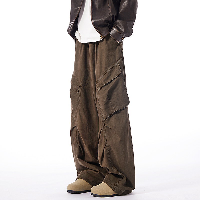 潮牌美式多口袋直筒做旧休闲裤男
