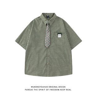 男潮牌情侣宽松休闲百搭衬衣 衬衫 悟空有货夏季 学院风条纹领带短袖