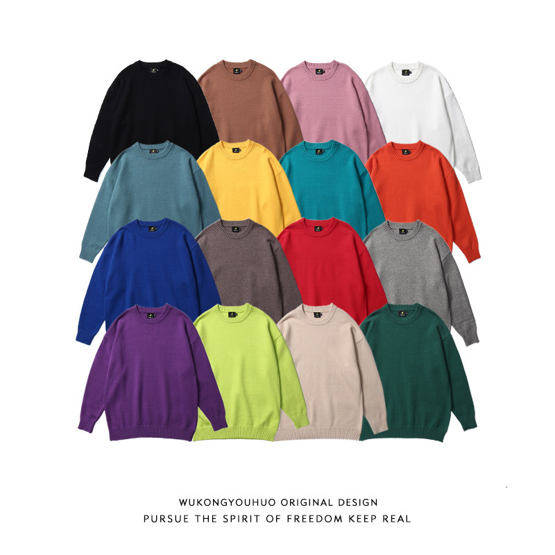 WUKONG HAS A SIMPLE SOLID COLOR BASIC CREWNECK SWEATER MENS FASHION BRAND LOOSE BF COUPLE CASUAL AND VERSATILE KNITWEAR
