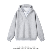 悟空有货秋简约撞色V领假两件连帽卫衣男潮牌宽松情侣高级感帽衫