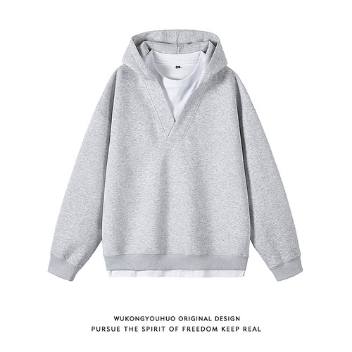 简约撞色V领假两件连帽卫衣男潮