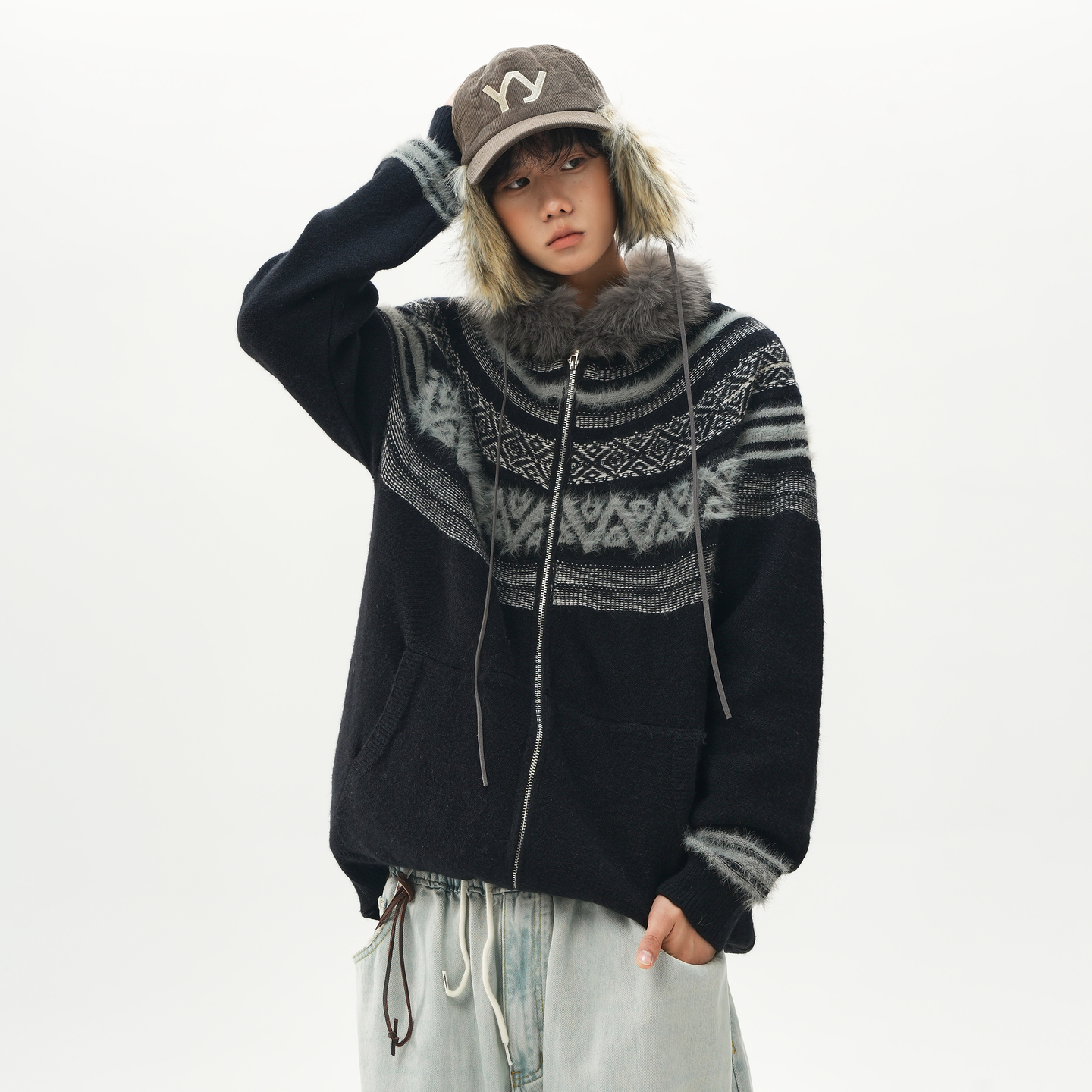 美式复古费尔岛提花开衫毛衣男女