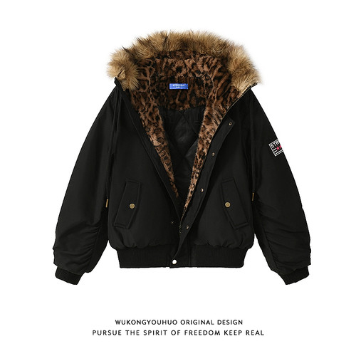 冬季潮牌豹纹内里座山雕连帽棉服