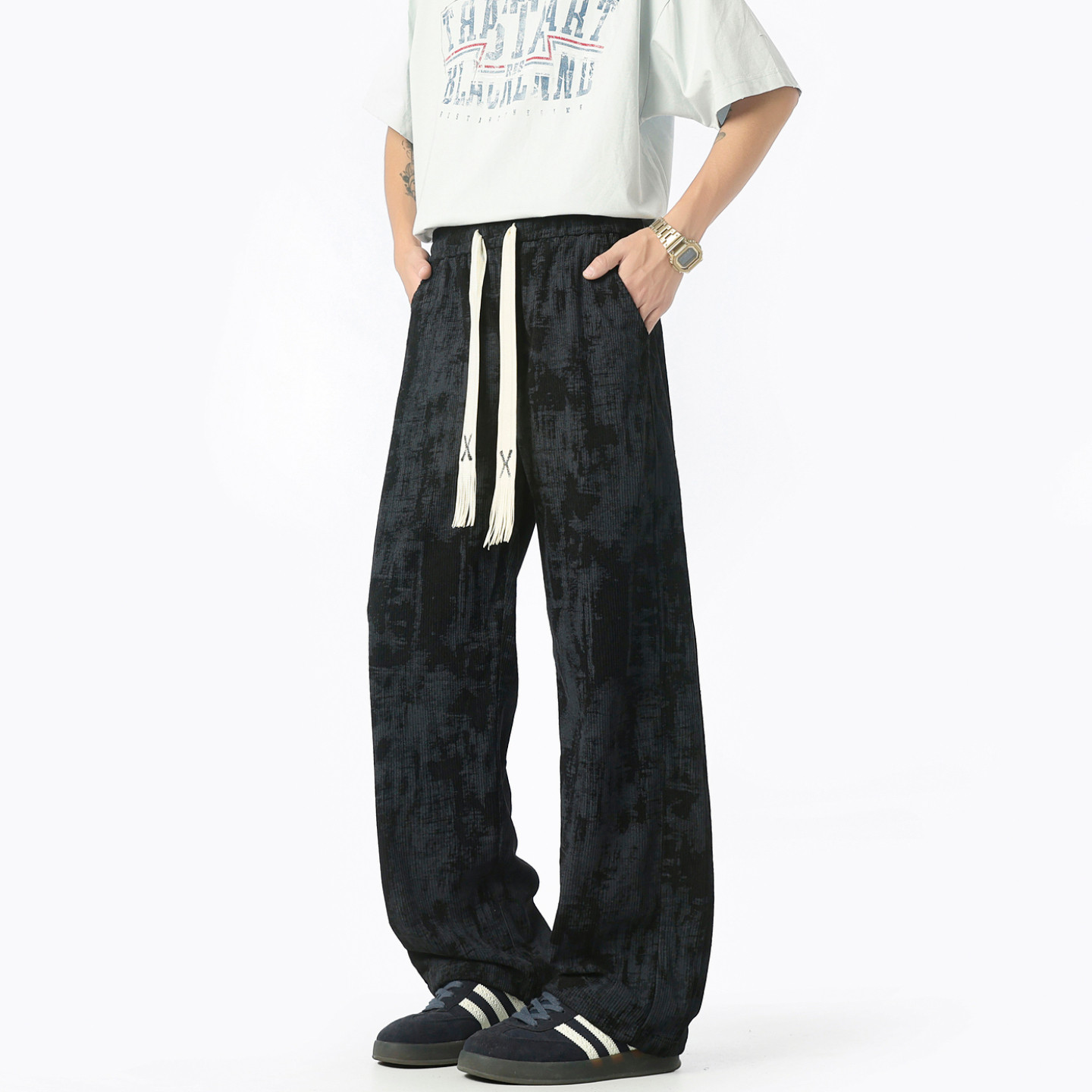 悟空有货复古潮牌抽绳松紧休闲裤男街头宽松百搭阔腿直筒运动长裤