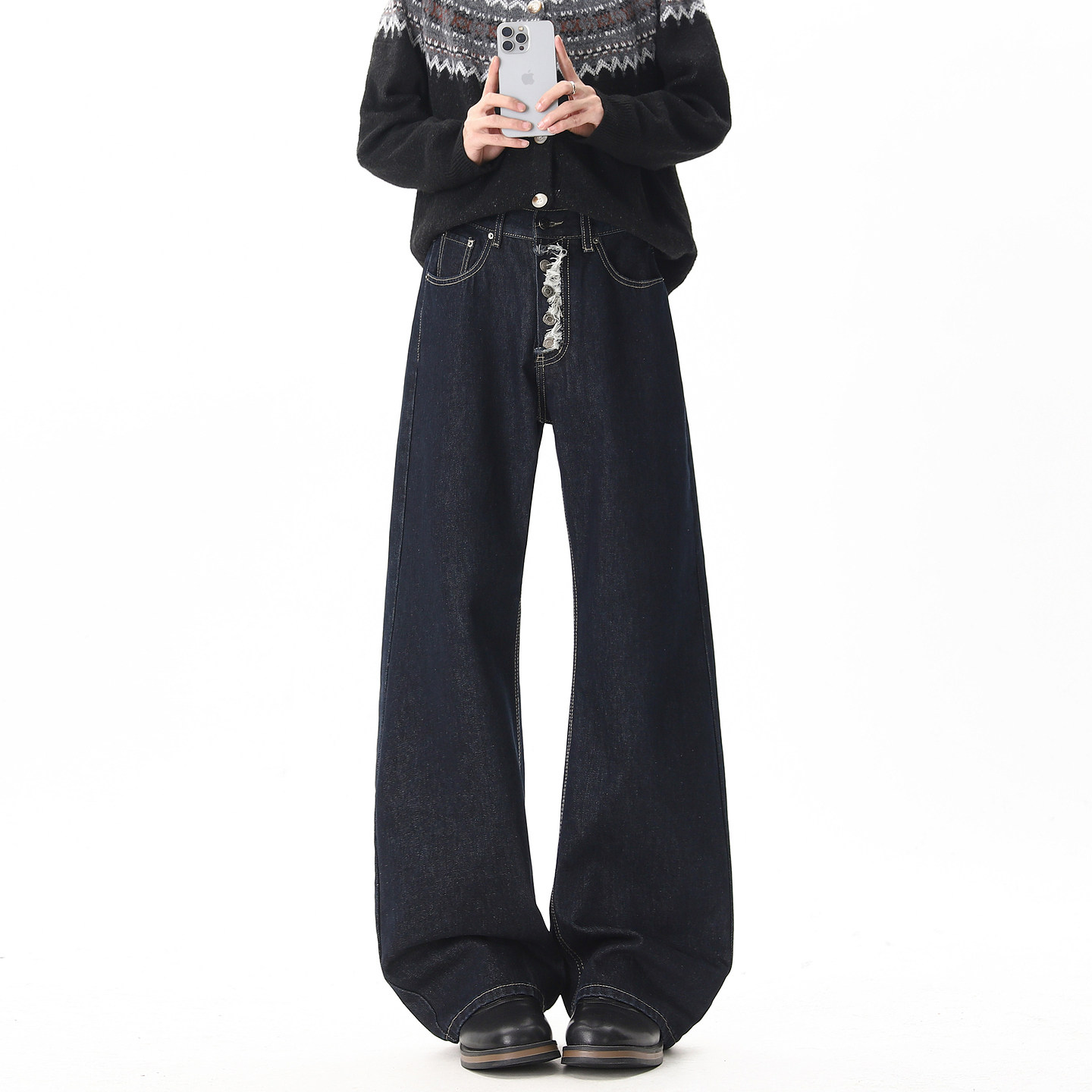 美式潮牌纽扣门襟丹宁直筒牛仔裤