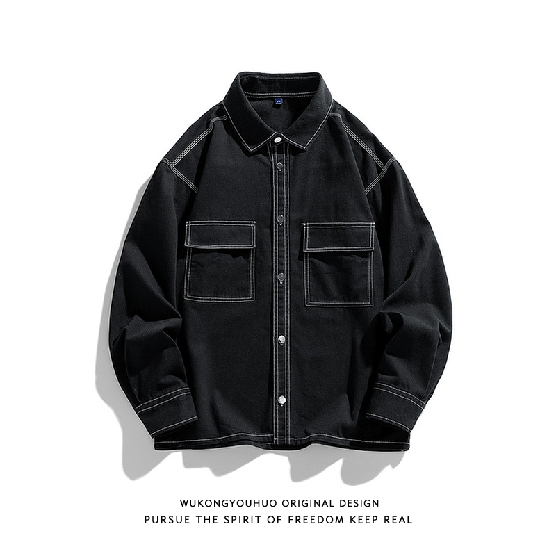 美式街头拼色辑明线长袖衬衫男潮