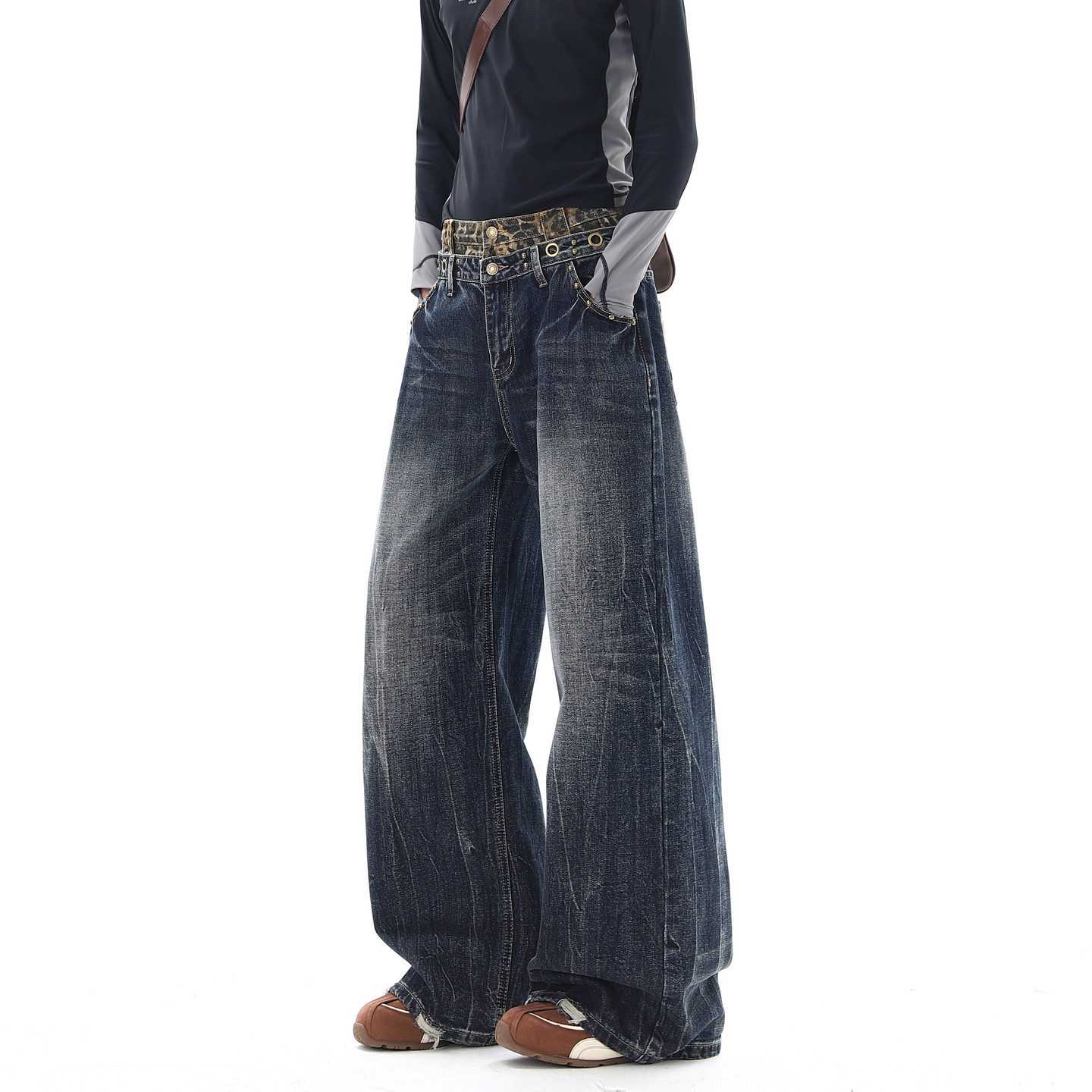 悟空有货潮牌美式豹纹双腰头直筒牛仔裤男女复古宽松百搭阔腿长裤