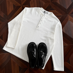 悟空有货亨利领肌理感条纹长袖T恤男女秋季简约宽松内搭打底上衣