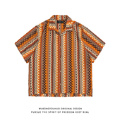 撞色设计感短袖 悟空有货复古民族风镂空编织古巴领衬衫 男夏季 衬衣