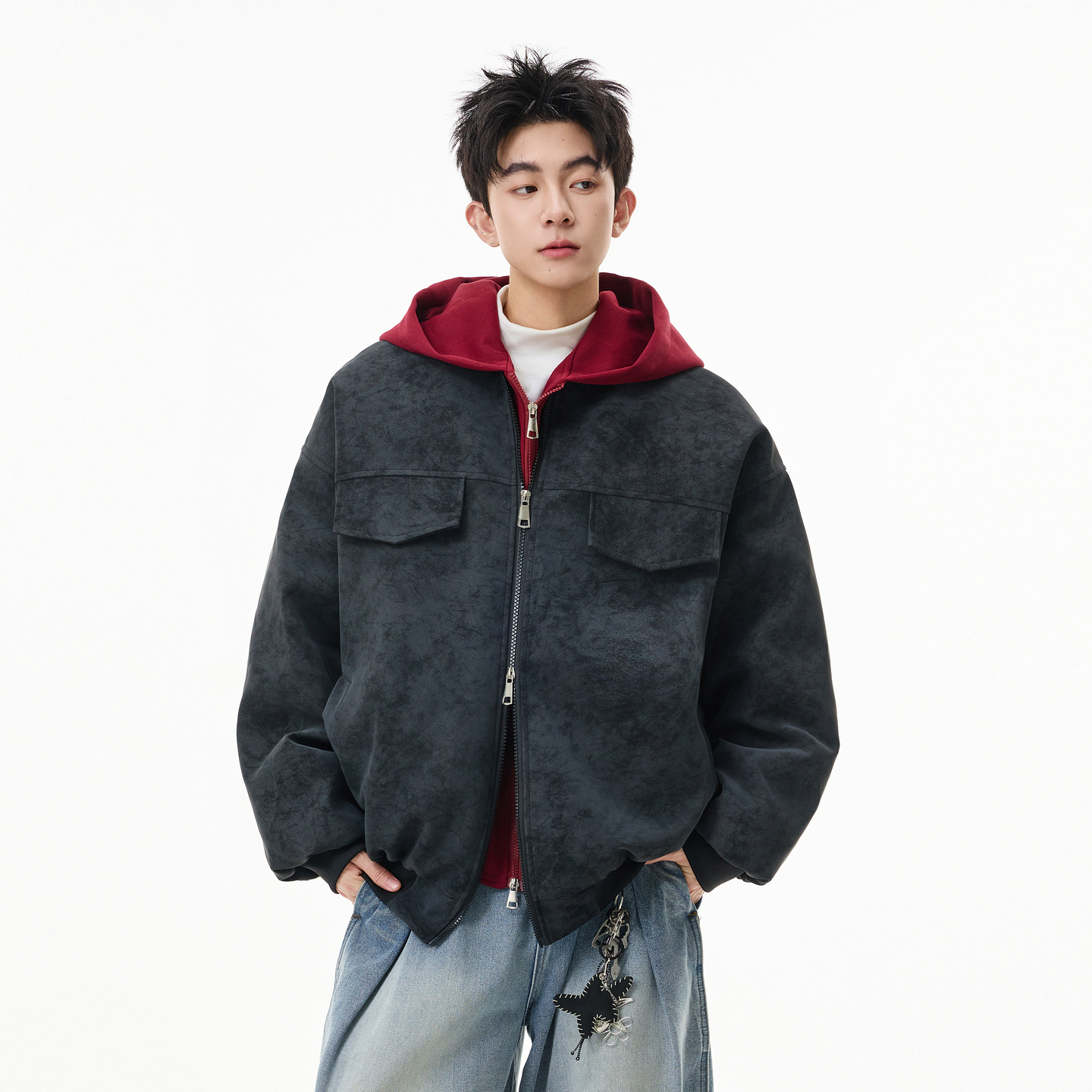 美式复古假两件拼接连帽棉衣男