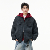 悟空有货美式 复古假两件拼接连帽棉衣男冬季 PU皮防风保暖棉服外套