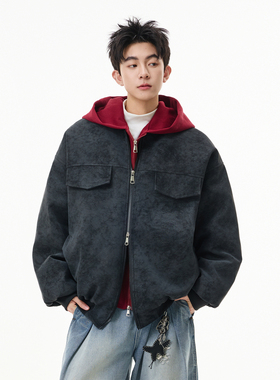 悟空有货美式复古假两件拼接连帽棉衣男冬季PU皮防风保暖棉服外套