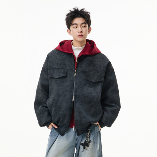 美式复古假两件拼接连帽棉衣男