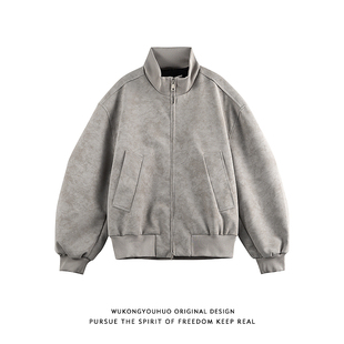 悟空有货美式 嘻哈纹理感PU皮衣外套男潮牌街头宽松廓形机车服夹克