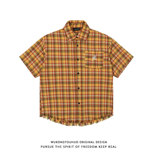 男女潮牌毛边下摆情侣衬衣 衬衫 悟空有货美式 刺绣口袋黄色格子短袖