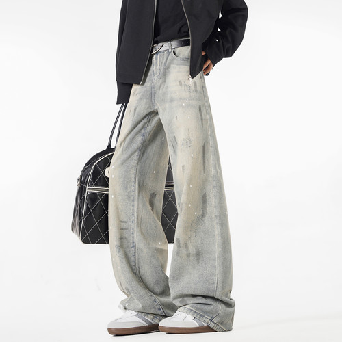 潮牌美式水洗做旧弯刀牛仔裤男