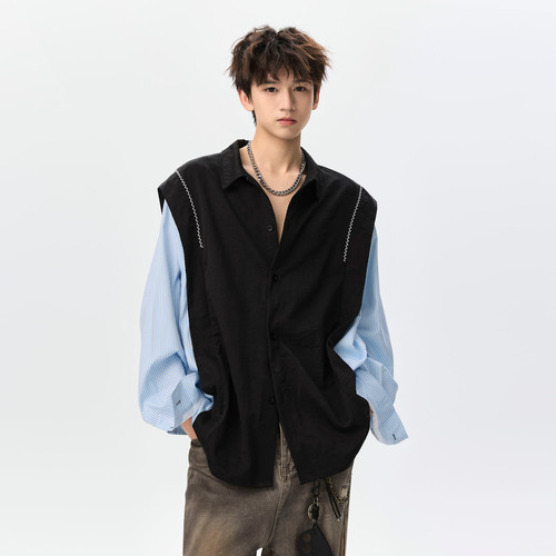 潮牌假两件拼接长袖衬衫男女