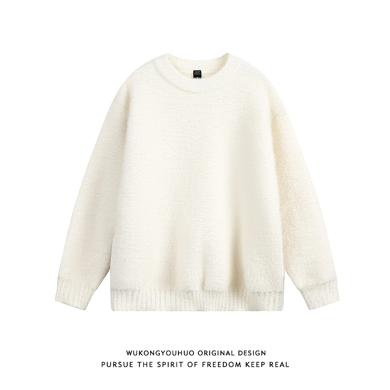 纯色仿水貂毛圆领针织衫毛衣男