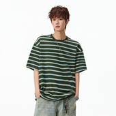 宽松百搭套头上衣 T恤男女美式 悟空有货潮牌夏季 撞色条纹圆领短袖
