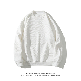 悟空有货复古纯色设计感圆领套头卫衣男潮牌街头宽松百搭打底上衣