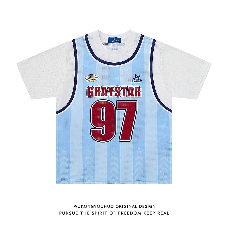 悟空有货夏季网眼拼接透气运动球服男女美式复古宽松情侣短袖T恤