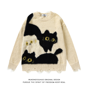 悟空有货潮牌复古卡通马海毛破洞毛衣男学院风情侣慵懒休闲针织衫