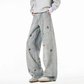 男复古宽松水洗百搭阔腿长裤 悟空有货潮牌美式 小狗刺绣弯刀牛仔裤