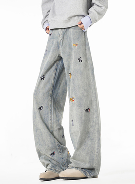 悟空有货潮牌美式小狗刺绣弯刀牛仔裤男复古宽松水洗百搭阔腿长裤