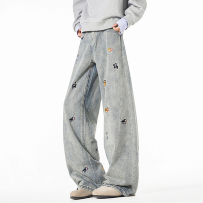 潮牌美式小狗刺绣弯刀牛仔裤男