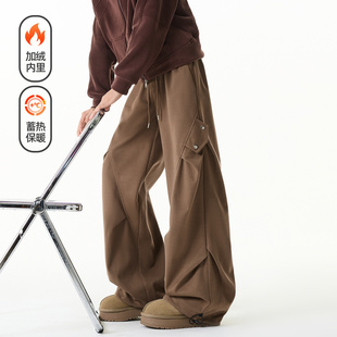 男潮牌宽松阔腿百搭保暖长裤 悟空有货潮牌美式 褶皱加绒加厚休闲裤