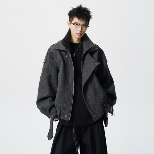 美式复古小众解构毛呢立领外套男