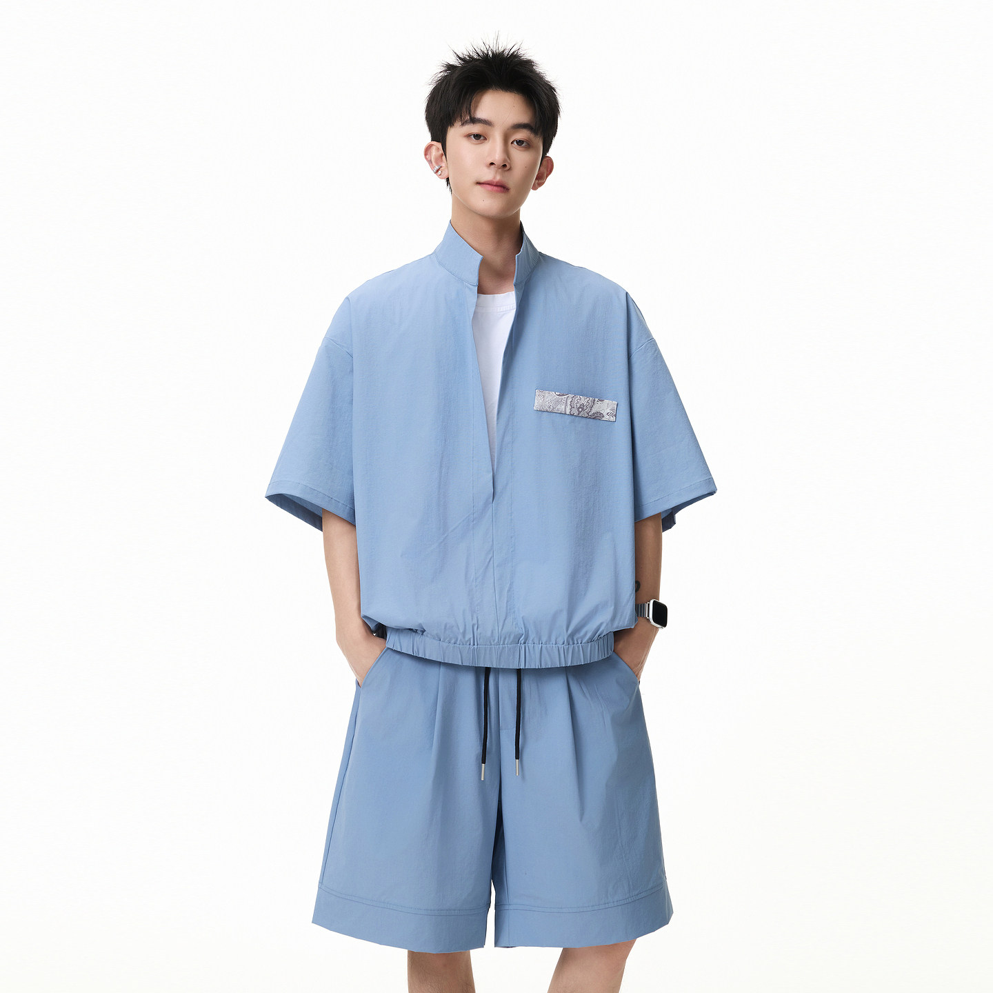 悟空有货夏复古V领假两件运动套装男潮牌街头宽松短袖短裤两件套