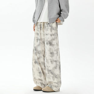 悟空有货潮牌复古晕染抽绳松紧松紧休闲裤 男街头宽松百搭阔腿长裤