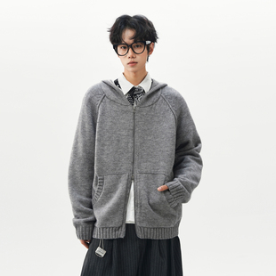 悟空有货秋冬复古高级感拼接开衫连帽毛衣男潮牌宽松情侣针织外套