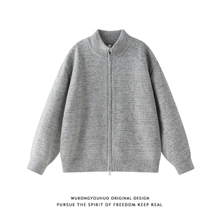 悟空有货复古老钱风纯色双拉链立领毛衣男秋季 外套 宽松情侣针织衫