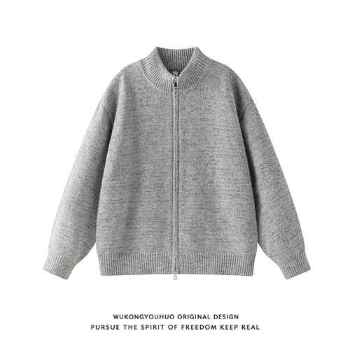 古老钱风纯色双拉链立领毛衣男
