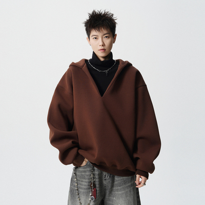 美式街头纯色重磅连帽卫衣男