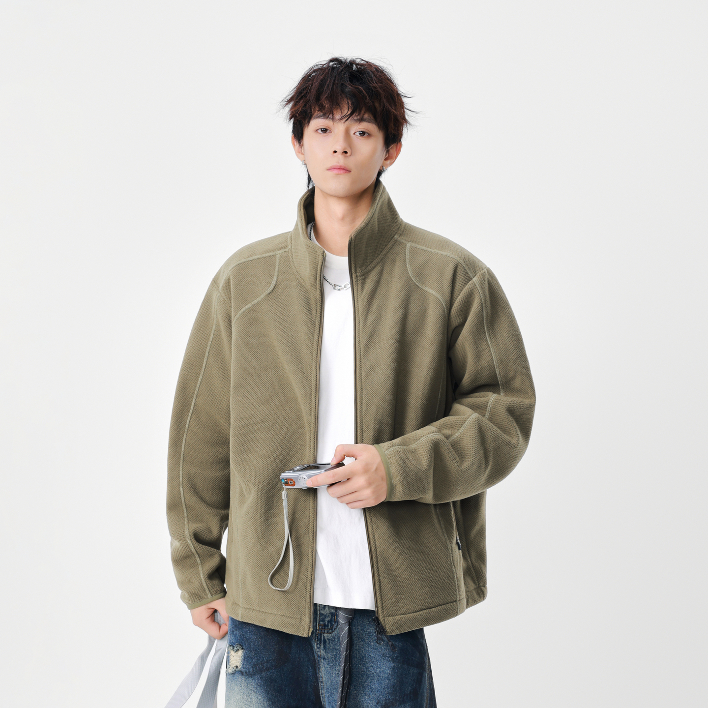 潮牌解构哈苏线摇粒绒立领夹克男