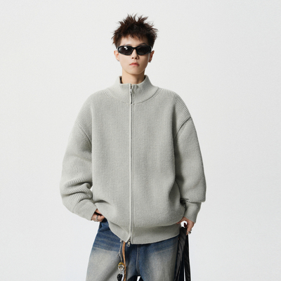 潮牌重磅开衫立领毛衣外套男