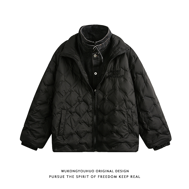 复古冬季假两件拼接羽绒服男女