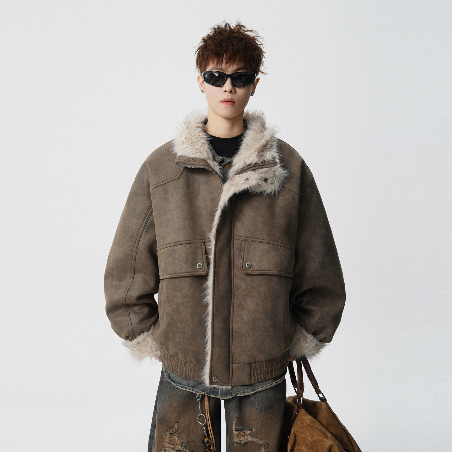 潮牌冬季麂皮座山雕加厚棉服男