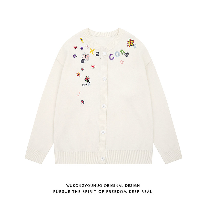 秋冬复古趣味字母刺绣开衫毛衣