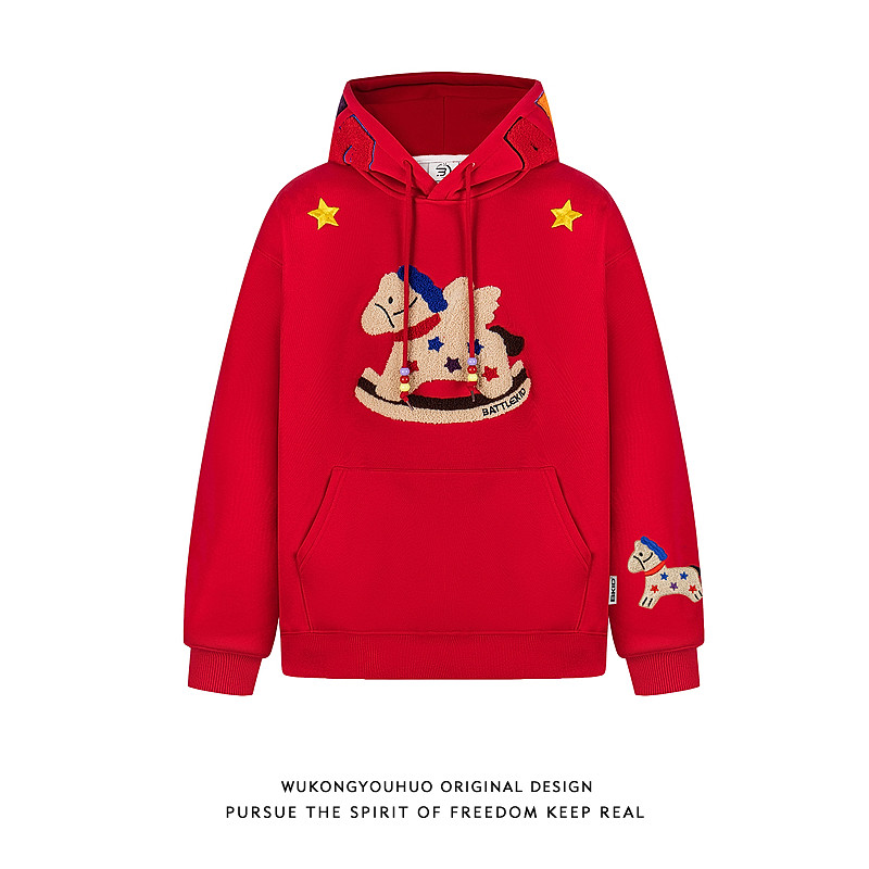 悟空有货美式复古毛巾绣红色新年连帽卫衣男宽松慵懒百搭套头帽衫,男装,卫衣,淘宝优惠券,粉丝福利购,淘宝优惠卷