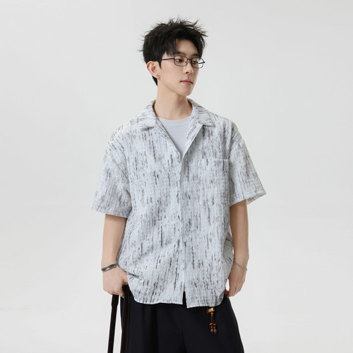 美式复古扎染渐变古巴领短袖衬衫