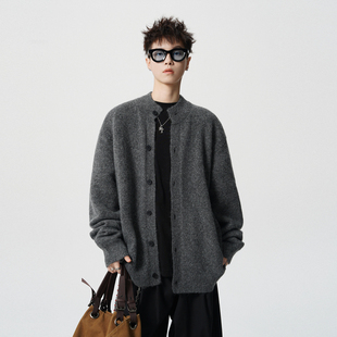 悟空有货美式潮牌纯色纽扣开衫立领毛衣男秋季情侣宽松针织衫外套