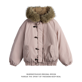 悟空有货冬季 毛领加厚连帽棉服男女潮牌牛角扣保暖派克服百搭棉衣