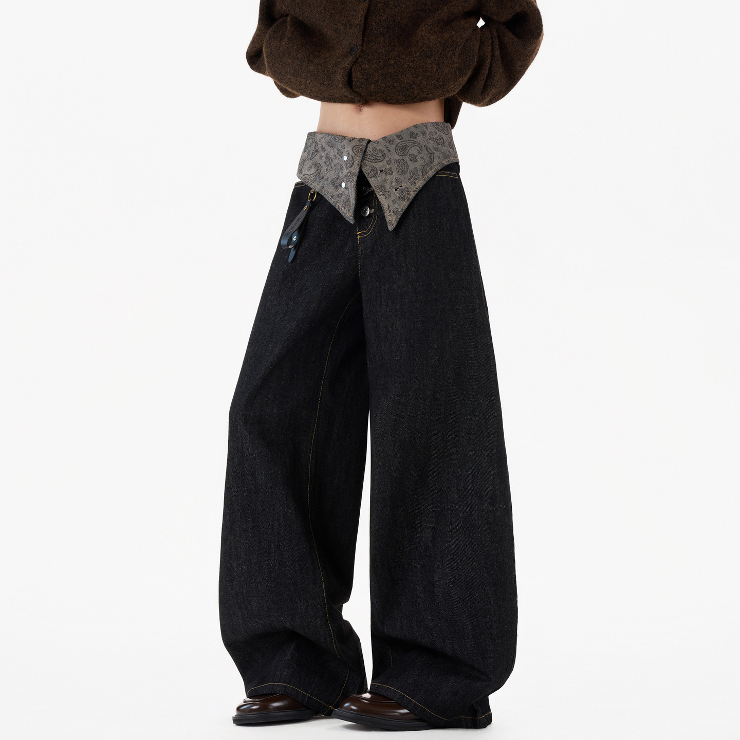 美式腰果花设计感直筒牛仔裤复古