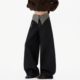 悟空有货美式腰果花设计感直筒牛仔裤男复古宽松潮流百搭阔腿长裤