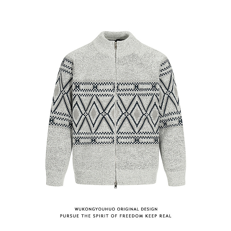 美式复古费尔岛提花开衫毛衣