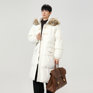 悟空有货潮牌冬季复古牛角扣中长款棉服男女宽松毛领保暖连帽棉衣